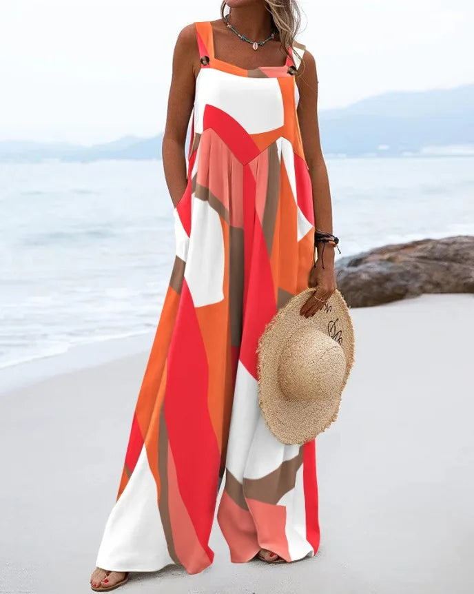 2024 European and American women's summer new digital printed jumpsuit with fashionable ethnic style buttons