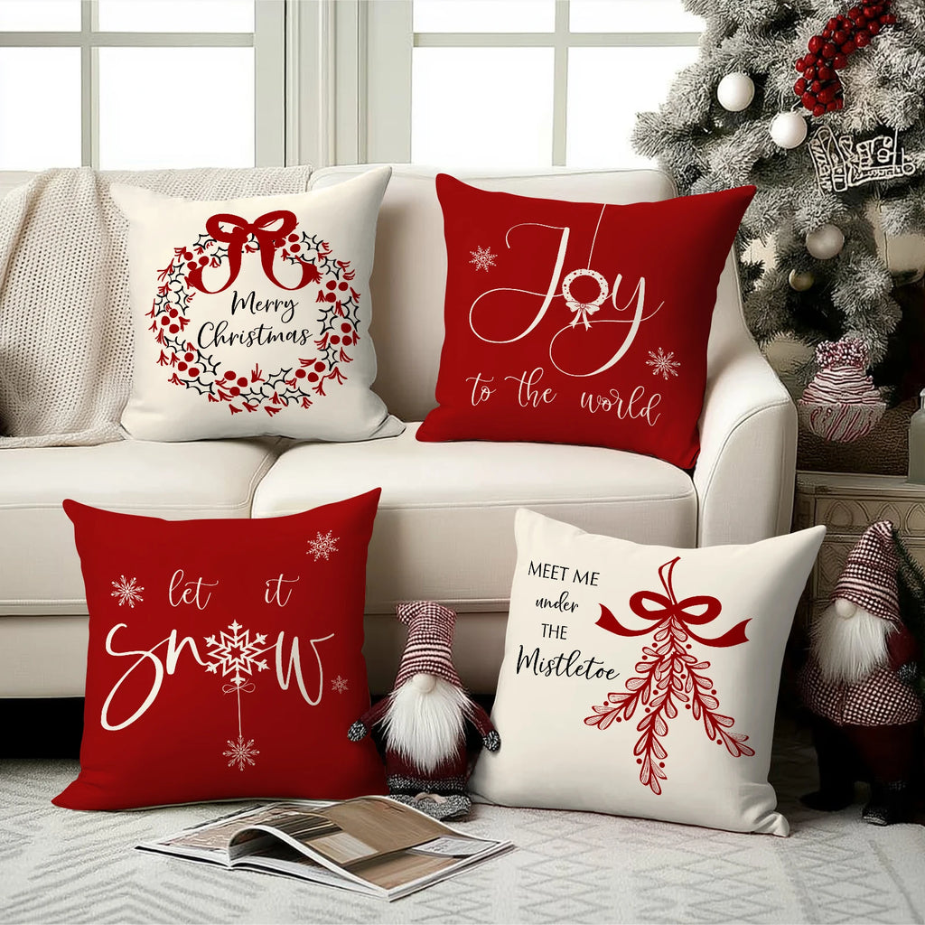 1/4pcs red Christmas pillowcase, bow Christmas wreath, Christmas plant design cushion cover, farmhouse Christmas decoration