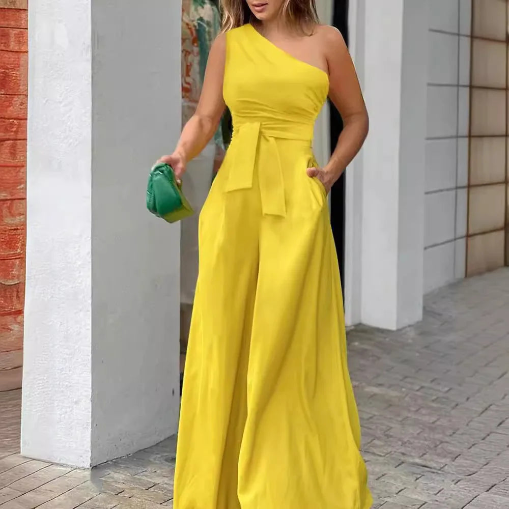 Women's Clothes Jumpsuit Solid Color Lace-up Irregular Off-The-Shoulder Casual High Waist Wide Leg Casual Ladies Jumpsuit