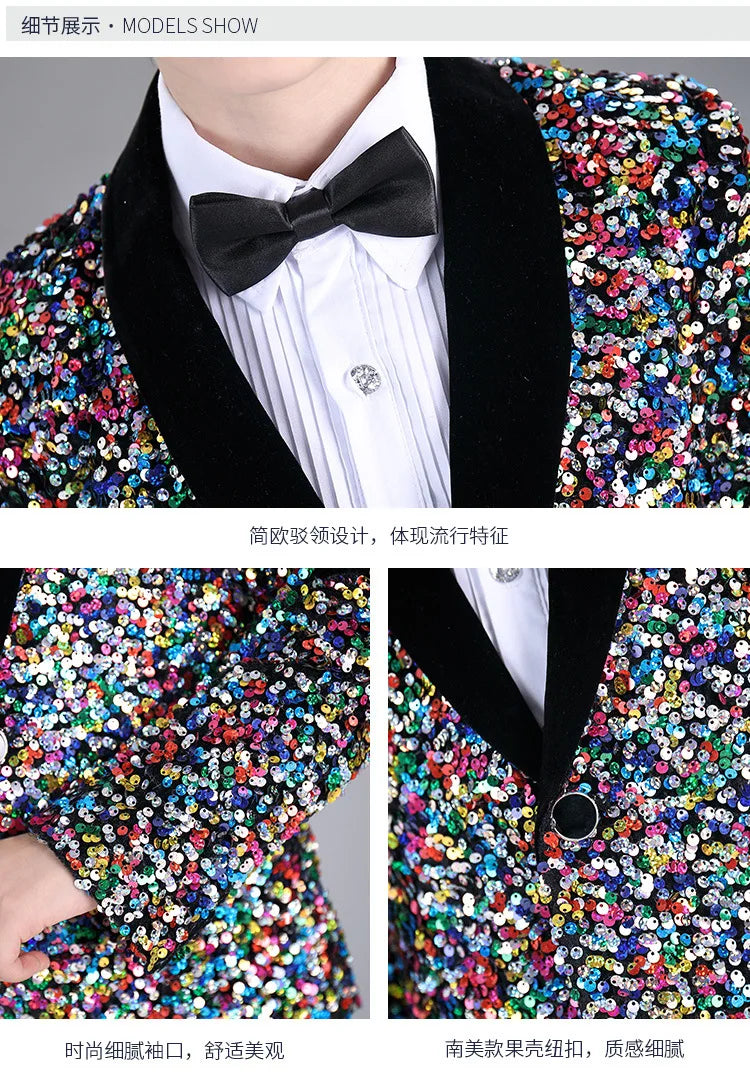Men Prom Suit Child Solid Discoloration Sequins Gown Boy Catwalk Piano Performance Little Host Suit Perform Suits