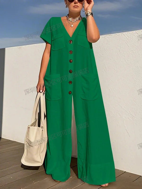 New Summer V-neck Single-breasted Women's Jumpsuits Fashion Pocket Elegant Office Rompers Casual Loose Oversized Women Jumpsuit
