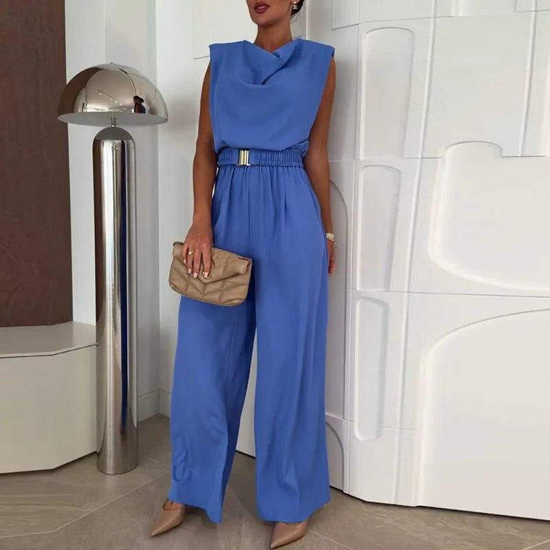 Fashion Solid Wide Leg Rompers Summer New Casual Commute Simple Playsuits Overalls Elegant Swinging Collar Sleeveless Jumpsuits