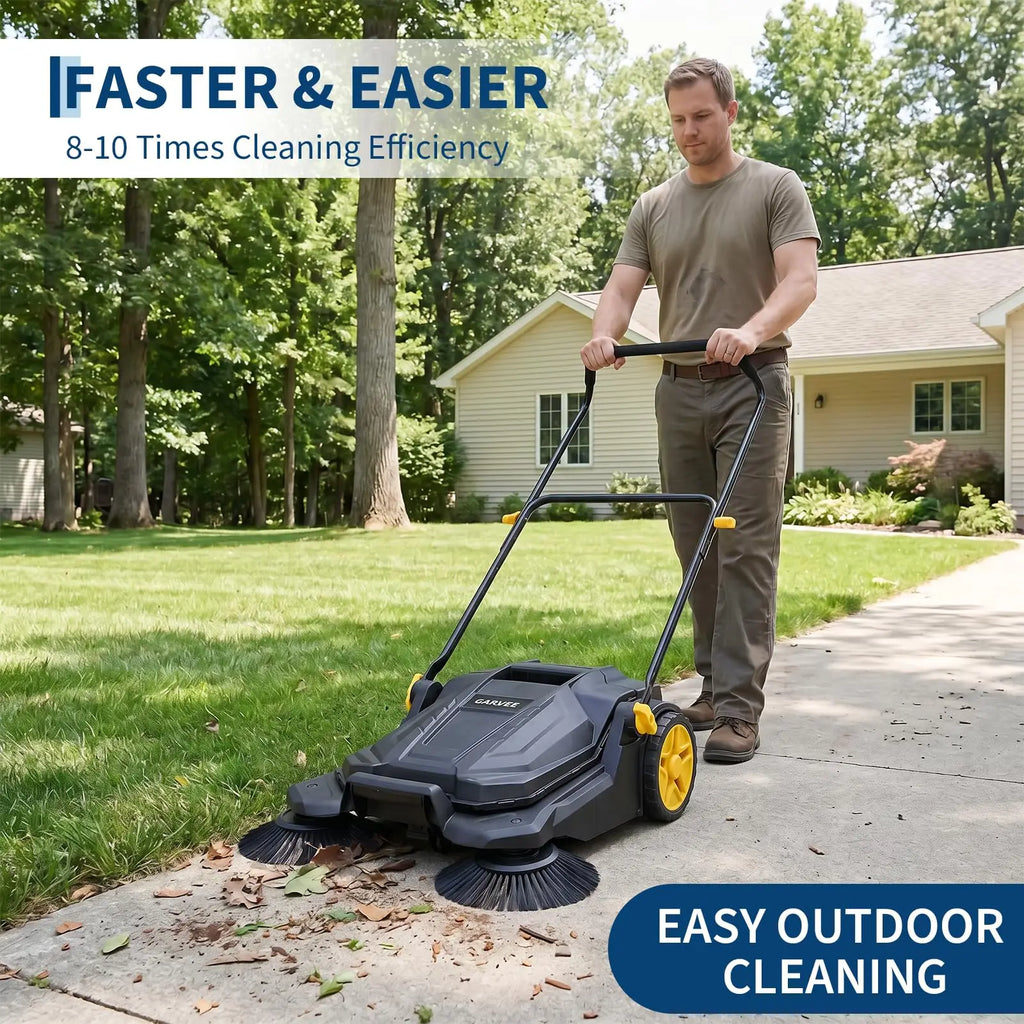 Manual Walk-Behind Push Sweeper 25.6 in Wide Non-Electric Outdoor Floor/Yard Sweeper with 5-Gallon Waste Bin, Adjustable Folding Handle for Garage Patio Driveway