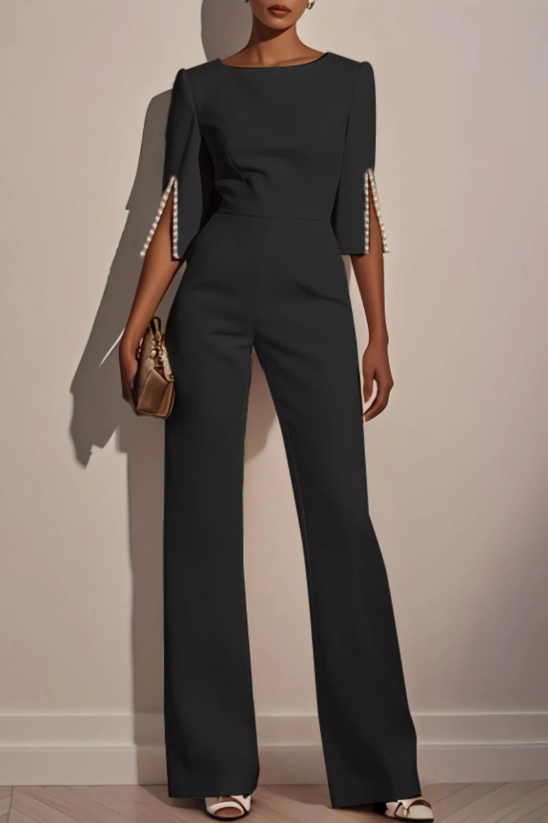 Women's Jumpsuit Casual Solid Color 3/4 Length Sleeve Straight Round Neck Beaded High Waist Daily Going out Regular Fit Black Wh