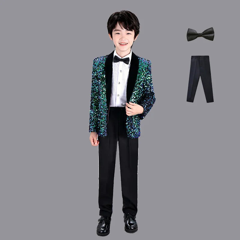 Men Prom Suit Child Solid Discoloration Sequins Gown Boy Catwalk Piano Performance Little Host Suit Perform Suits
