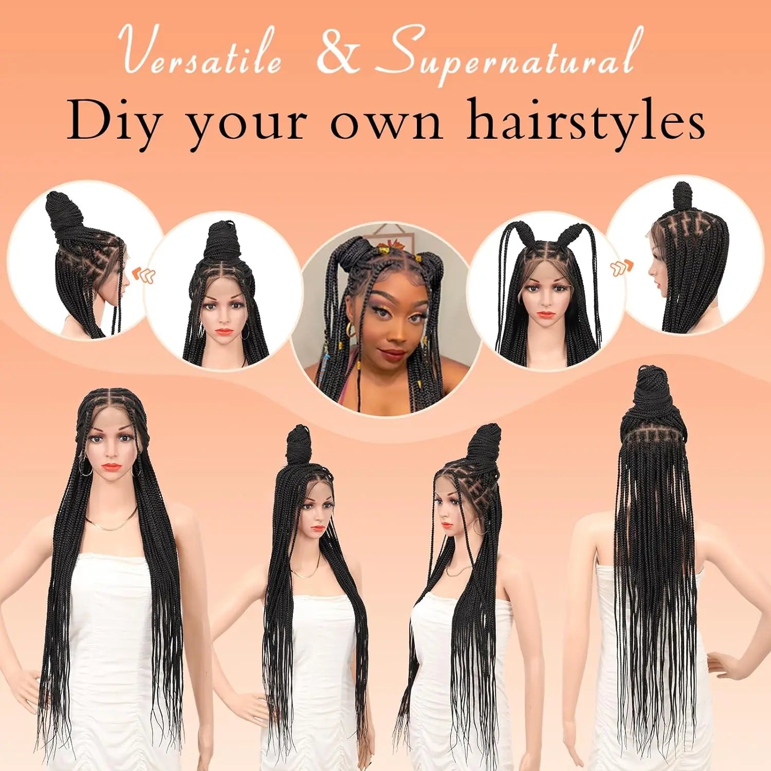Synthetic 36 inch Lace Front Knotless Braided Wigs Black Box Braid Wig with Baby Hair Blended Lace Frontal Box Braided