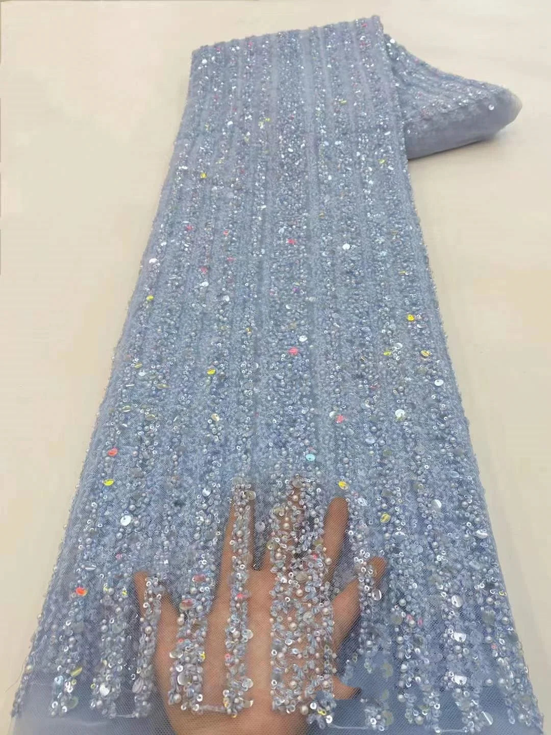 10 Colors Wedding Dresses Stage Wear Bridal Evening Party Material Vertical Bar Diamond Sequin Pearl Mesh Embroidered Fabric