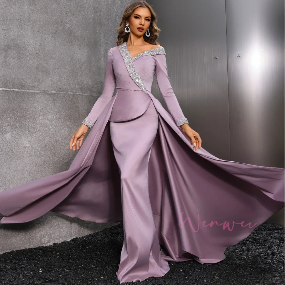 Luxury Evening Dresses For Women Elegant Long Sleeve v-Neck Floor Length Sweep Train Prom Dress Celebrity Gowns Dubai Muslim