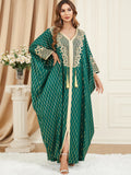 Muslim Dresses Women Elegant Long Robe Middle East Dubai Loose Abaya Bat Sleeve V-neck Tassel Evening Dress Femme Party Vestidos