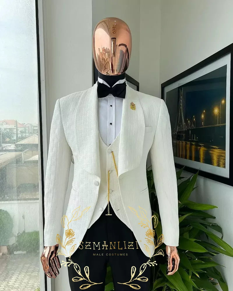 Suits Sets For Men Fashion White Plaid Blazer Vest Floral Pants 3 Pieces Formal Party Tailor-made Elegant Slim Fit Costumes