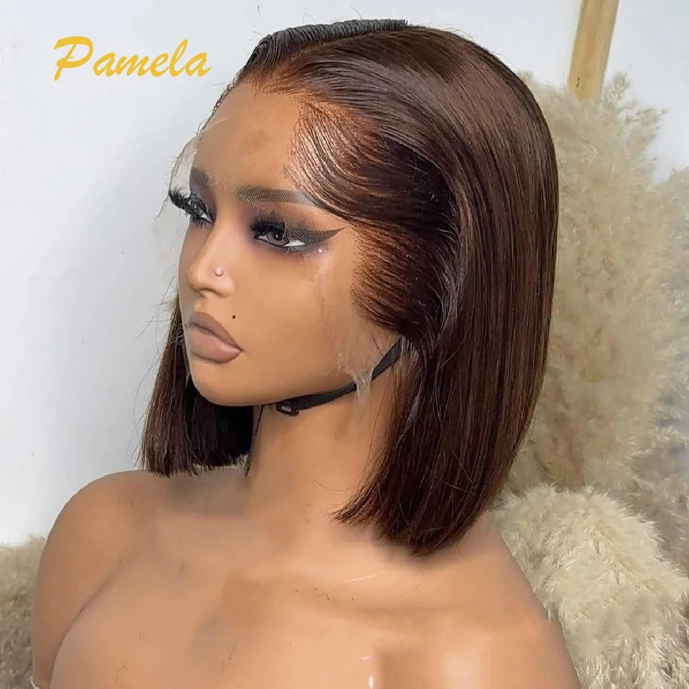 Lagos Hairline Bob Wig Human Hair Bone Straight Short Brown Colored 13x4 Lace Frontal Glueless Wigs Human Hair Ready To Wear