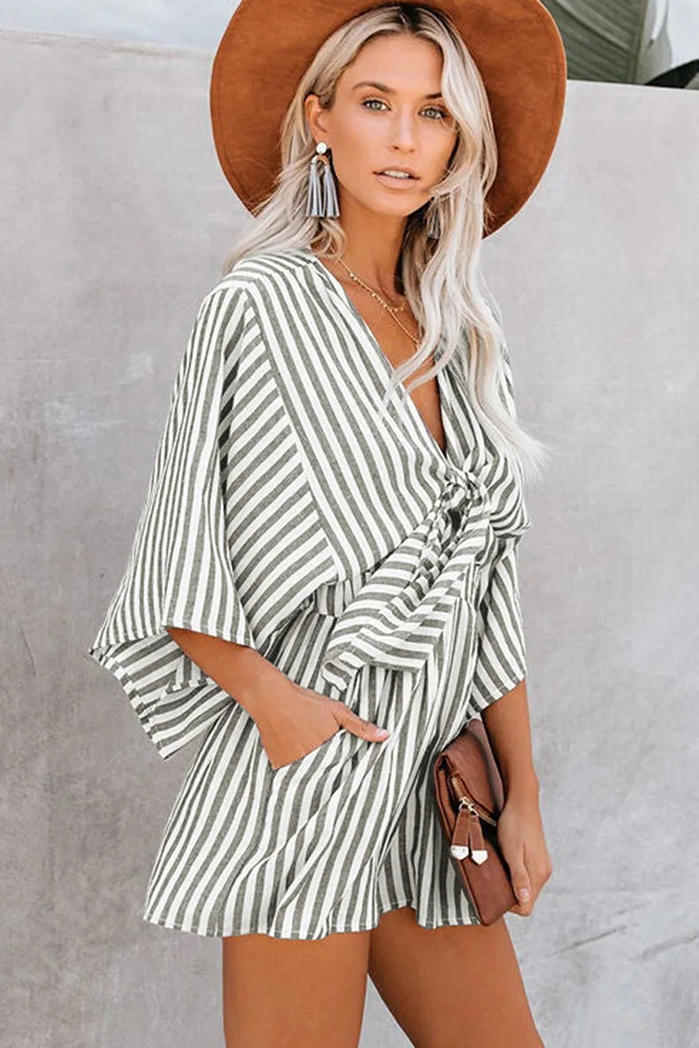 Summer waist slimming striped jumpsuit for women, European and American foreign trade deep V flared sleeve three quarter pants