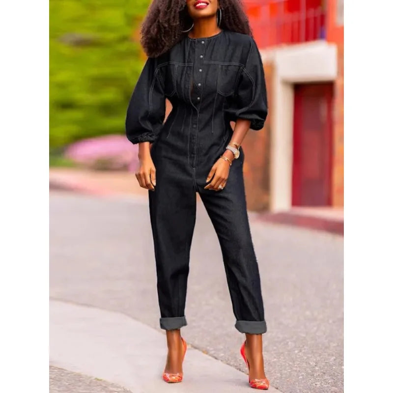 Women's Denim Jumpsuit Round-Neck Buttoned 3/4 Puff Sleeves Loose Fit Casual Streetwear Fashion Romper One-piece Outfits