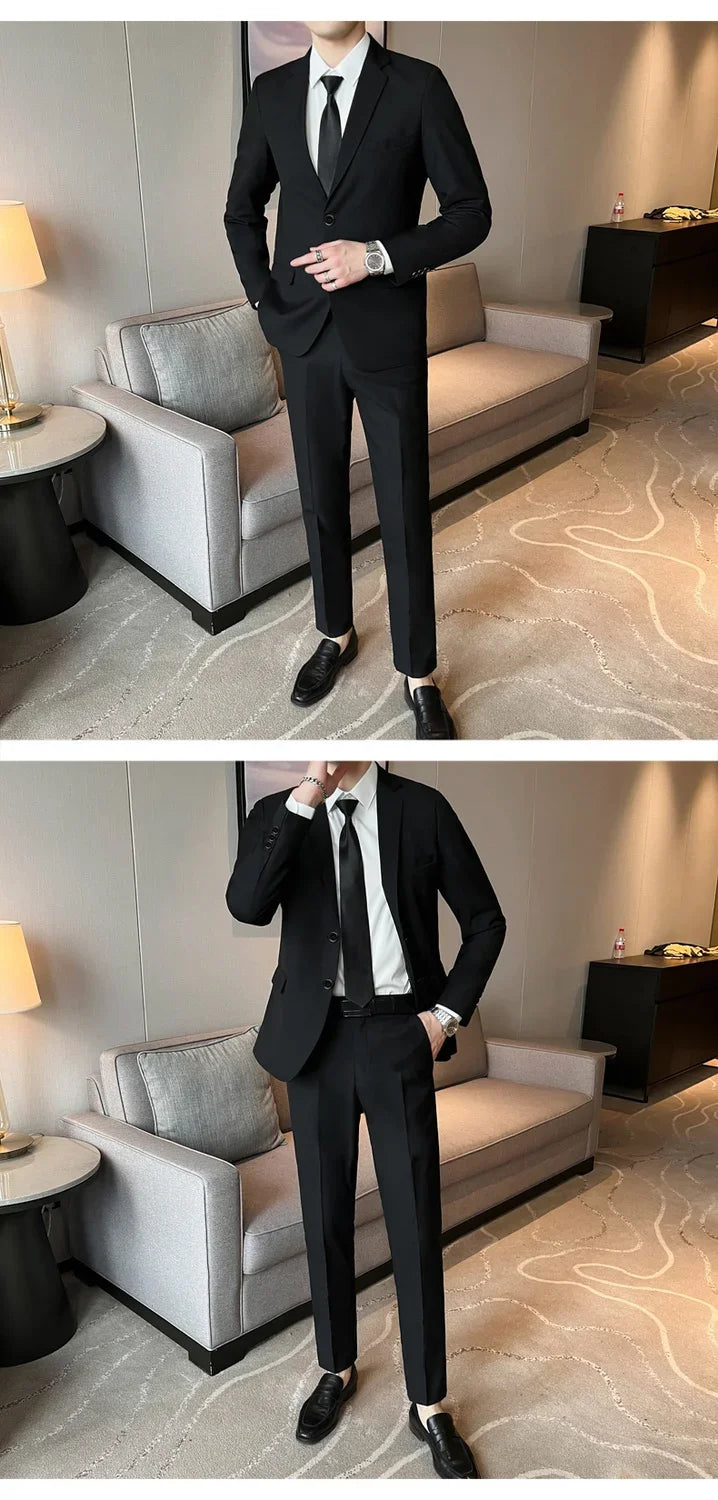 Suits for Men Korean Fashion Long Sleeve Slim Fit Wedding Business Blazer Black Professional Formal Suit Pants Sets Ropa Hombre