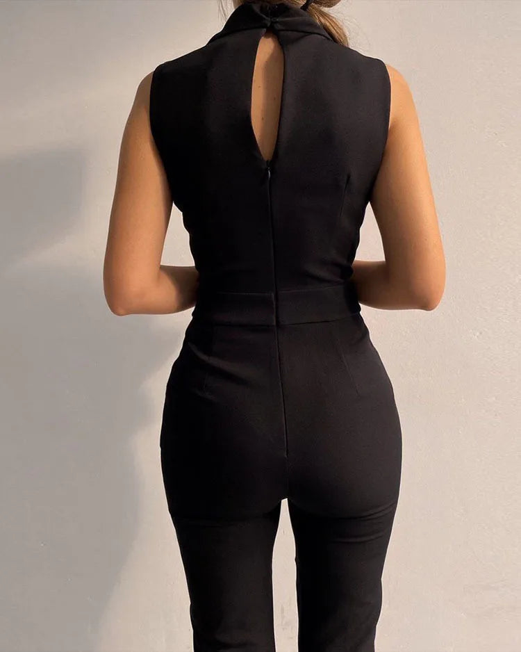 Women's Sleeveless Jumpsuit Solid Color Overall Bodysuit Clothing Office Style V-neck Lace-up Jumpsuits High Waist Belt Pants