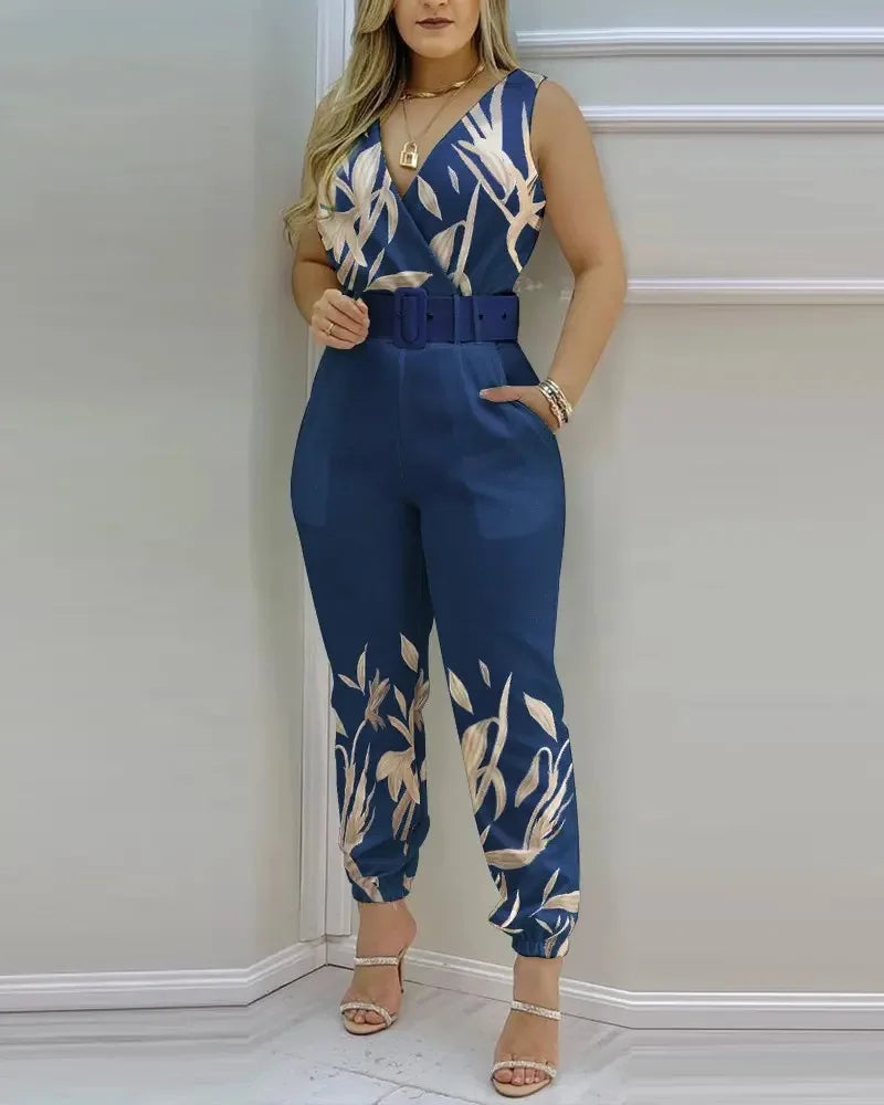 Summer Women Jumpsuits Elegant Office Lady Sexy V-neck Sleeveless Print Jumpsuits New Fashion With Belt Vest Playsuit Streetwear