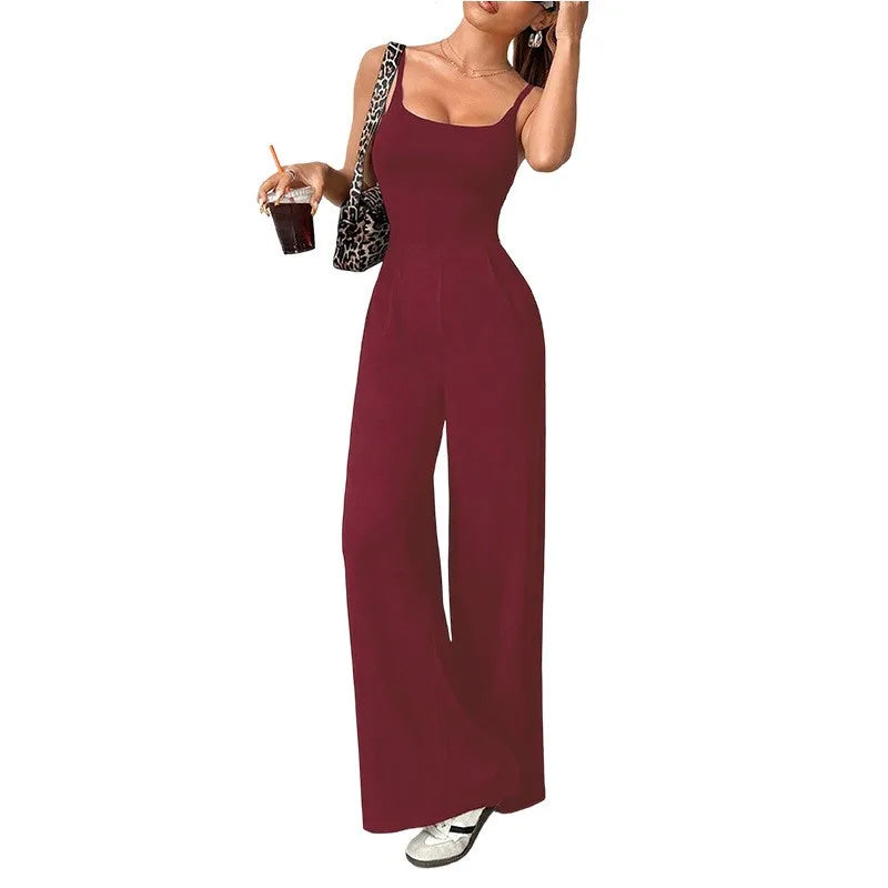 Casual Jumpsuit Jumpsuits For Woman Sling Women's Clothing Solid Color Backless Sleeveless Loose Wide Legs Trouser Simple Style