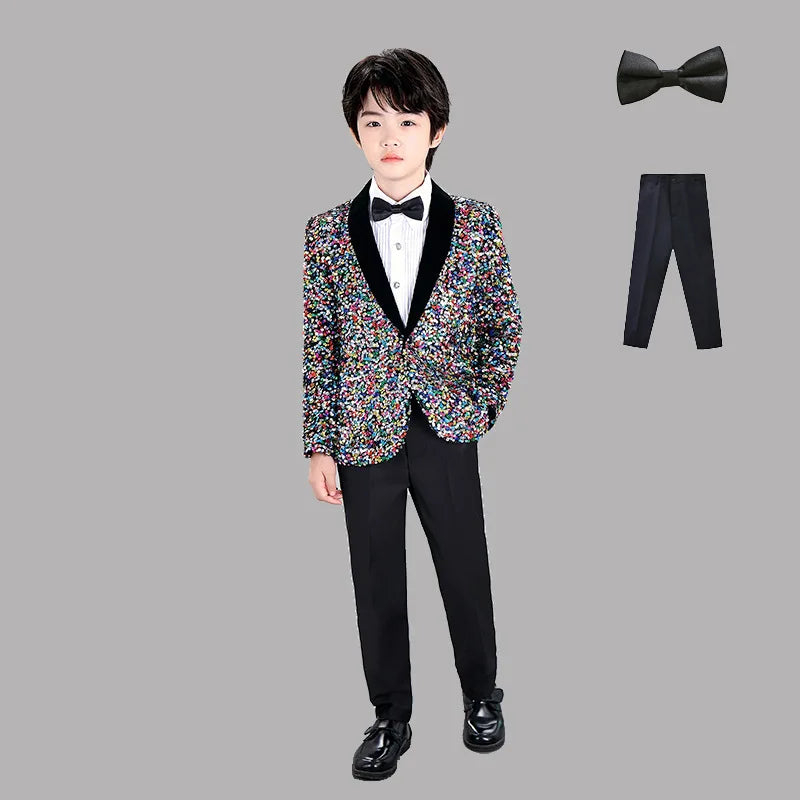 Men Prom Suit Child Solid Discoloration Sequins Gown Boy Catwalk Piano Performance Little Host Suit Perform Suits