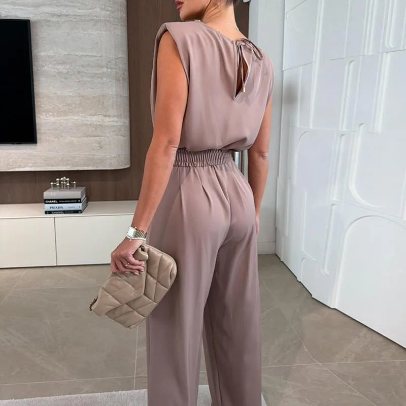 Fashion Solid Wide Leg Rompers Summer New Casual Commute Simple Playsuits Overalls Elegant Swinging Collar Sleeveless Jumpsuits