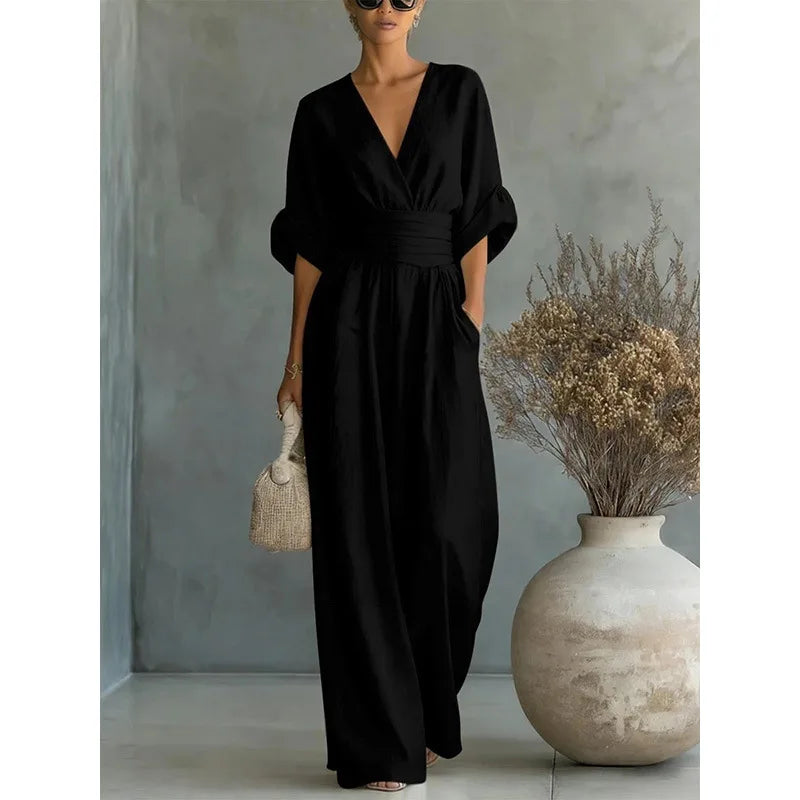 Women's Jumpsuit Fashion High Waist V-neck Casual Jumpsuits Sexy  Solid Color Office Wide Leg Trousers Overalls Vacation Outfit