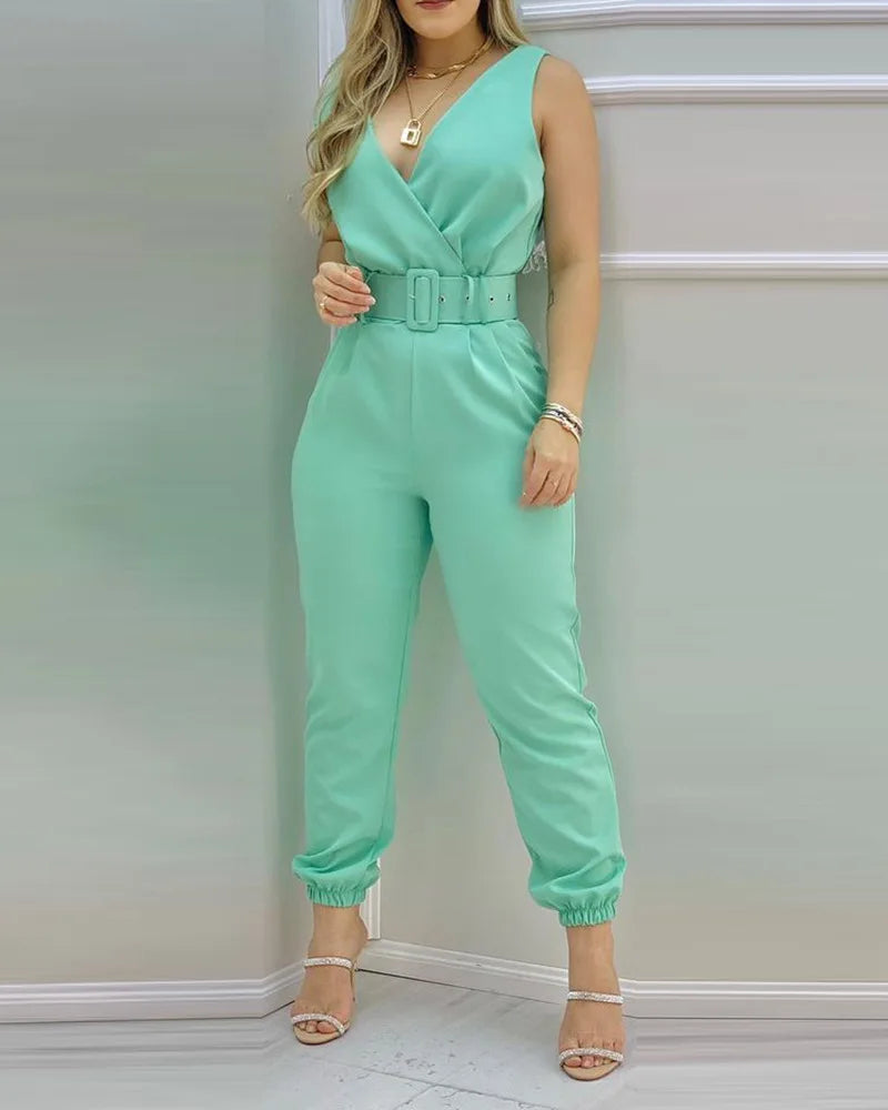 Summer Women Jumpsuits Elegant Office Lady Sexy V-neck Sleeveless Print Jumpsuits New Fashion With Belt Vest Playsuit Streetwear
