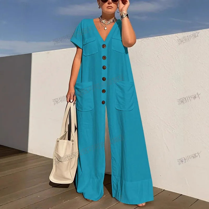 New Summer V-neck Single-breasted Women's Jumpsuits Fashion Pocket Elegant Office Rompers Casual Loose Oversized Women Jumpsuit