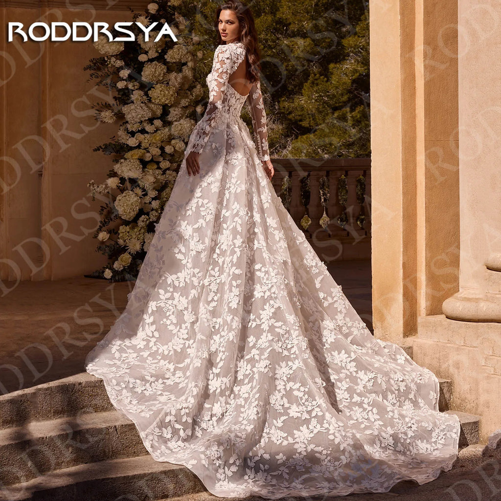 RODDRSYA Vintage Wedding Dresses Elegant Bridal Gowns Lace Long Sleeves Open Back A Line Bride Dress Customized robe de mariée