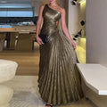 Women's Dresses Sexy Symmetrical Hollow Pleats Long Dress Ladies Fashion Slanted Neck High Waist Party Dress Elegant Solid Dress