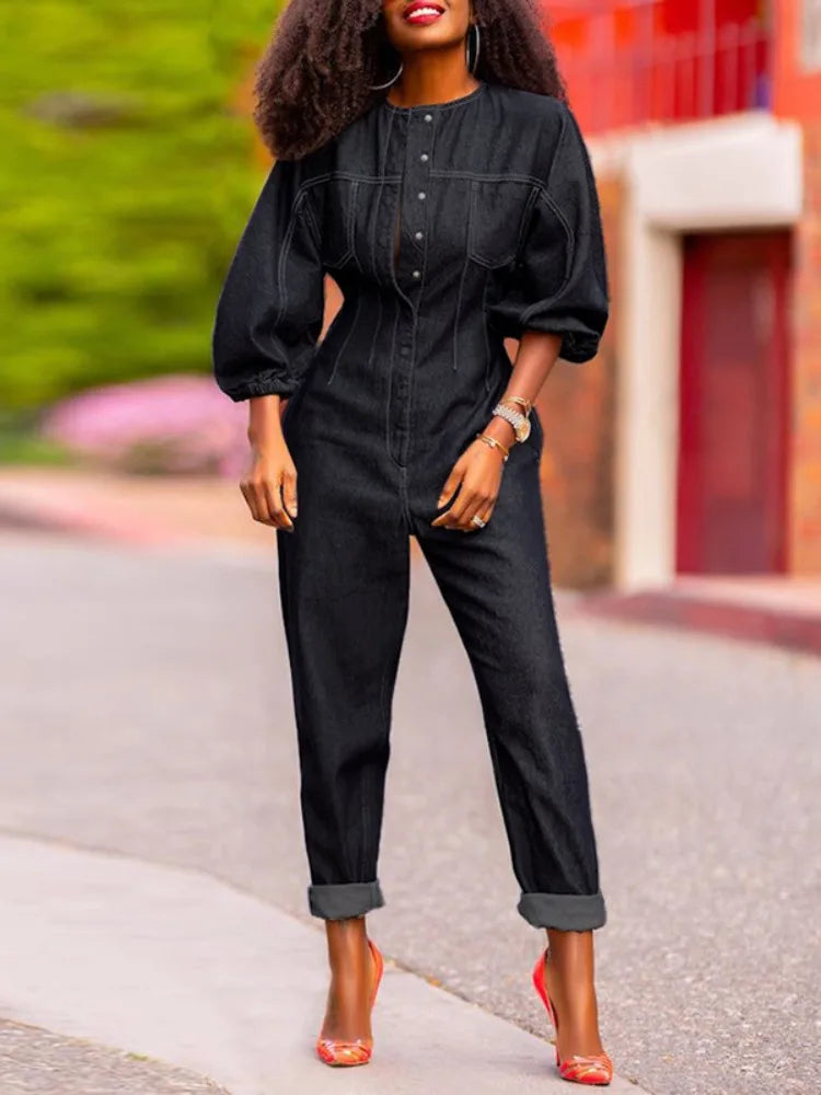 Women's Denim Jumpsuit Round-Neck Buttoned 3/4 Puff Sleeves Loose Fit Casual Streetwear Fashion Romper One-piece Outfits
