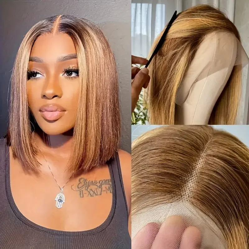 100% Human Hair Wigs 13x4 Lace Human Hair Lace Frontal Wig Ready Wear Bob Wigs 220Density For Black Women 4/27 Color Gold