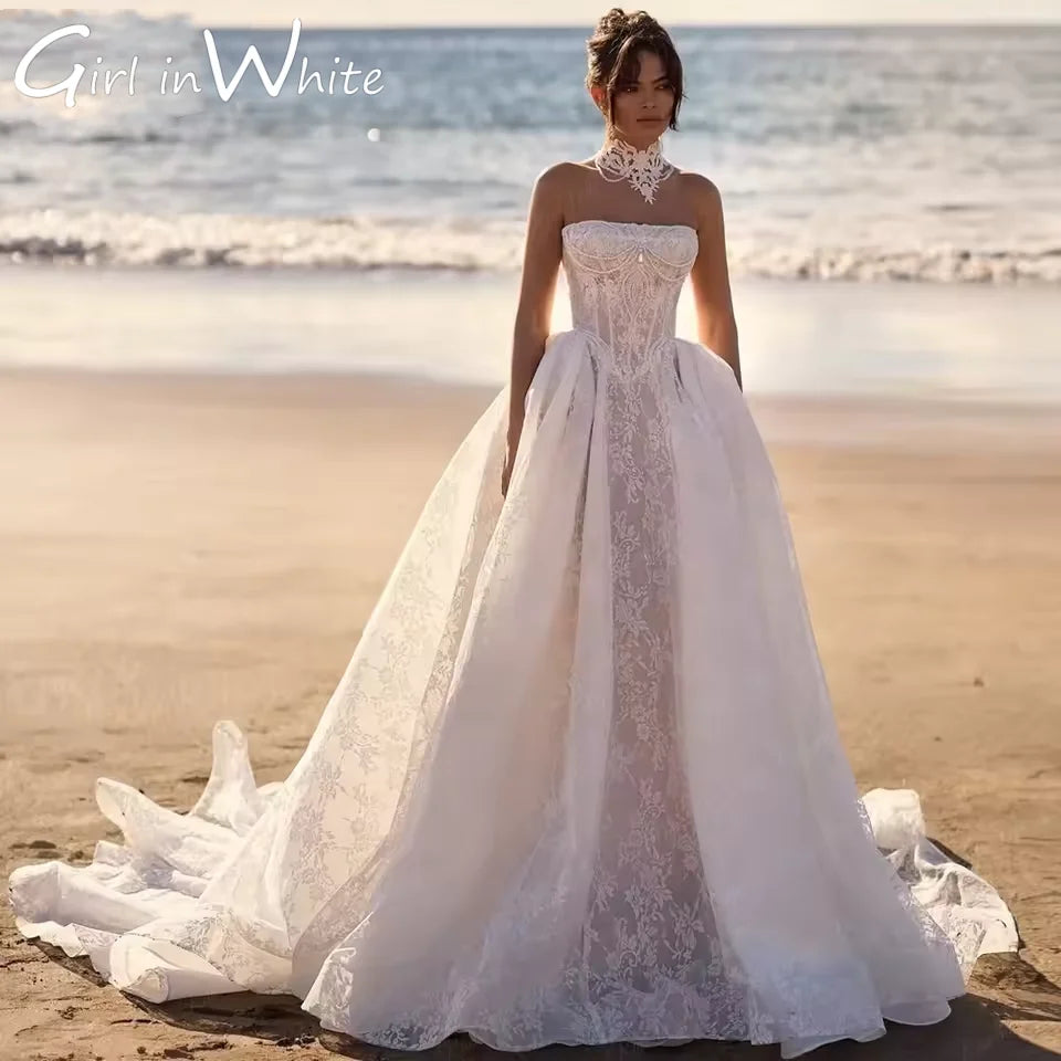 Fashionable Wedding Gown for Bride Off Shoulder Sleeveless A-line Backless Lace Appliques 2026 Tulle Customized For Women