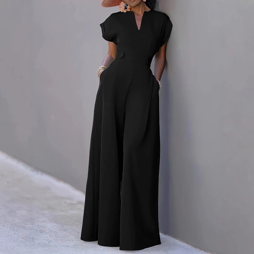 Elegant Women's Jumpsuits Fashion Solid Color V-neck High Waist Wide Leg Sleeveless Jumpsuit Temperament New Female Clothing