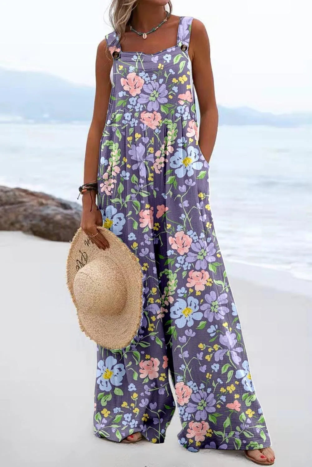 2024 European and American women's summer new digital printed jumpsuit with fashionable ethnic style buttons