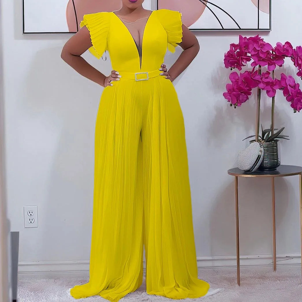 Pleated Jumpsuits for Women Elegant 2024 New V Neck Ruffles Sleeve High Waisted Floor Length Luxury Party Dinner Celebrate Cloth