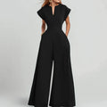 Elegant Summer Fashion Women Jumpsuits Elegant Short Sleeve Small V-neck Slim High Waist Pocket Wide Leg Pants Office Clothing
