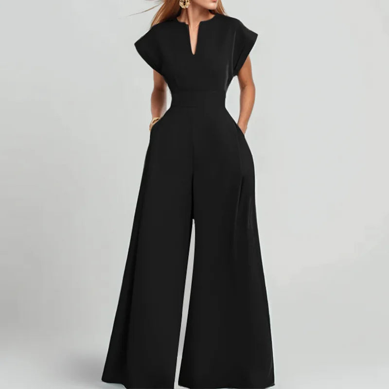 Elegant Summer Fashion Women Jumpsuits Elegant Short Sleeve Small V-neck Slim High Waist Pocket Wide Leg Pants Office Clothing