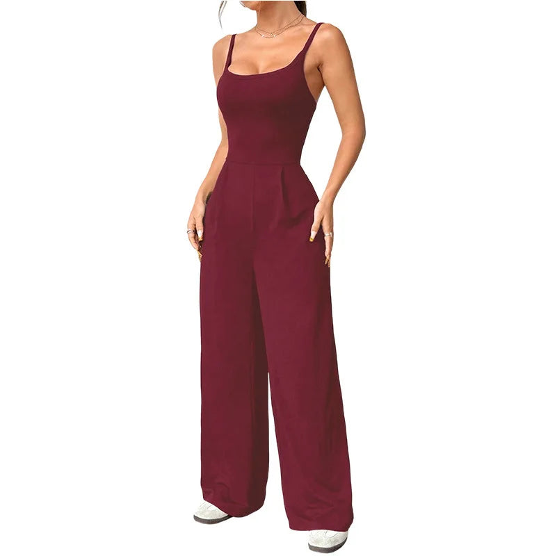 Casual Jumpsuit Jumpsuits For Woman Sling Women's Clothing Solid Color Backless Sleeveless Loose Wide Legs Trouser Simple Style