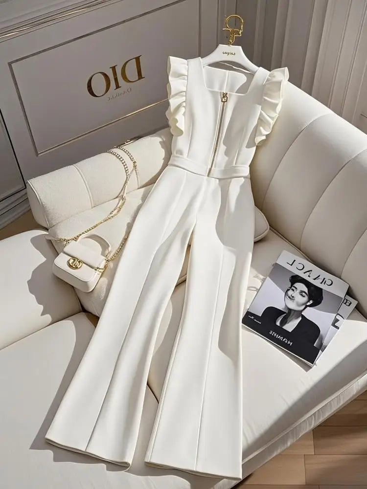 2025 Women's Jumpsuit Professional Casual Sexy Versatile High-Waisted Wide-Leg Pants with a High-End Drape Effect White Overalls for Women