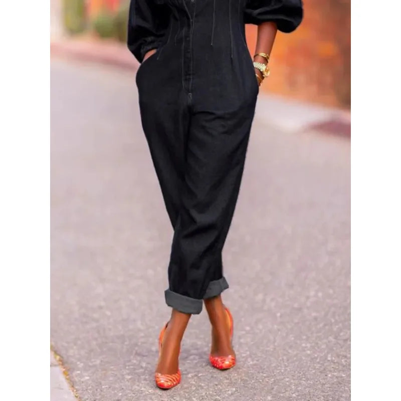 Women's Denim Jumpsuit Round-Neck Buttoned 3/4 Puff Sleeves Loose Fit Casual Streetwear Fashion Romper One-piece Outfits