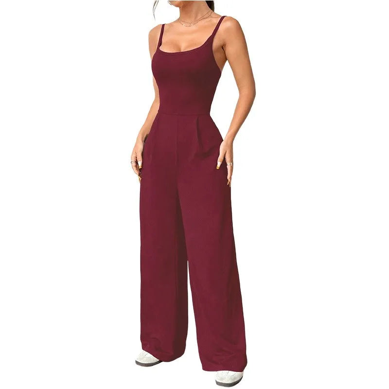 Casual Jumpsuit Jumpsuits For Woman Sling Women's Clothing Solid Color Backless Sleeveless Loose Wide Legs Trouser Simple Style