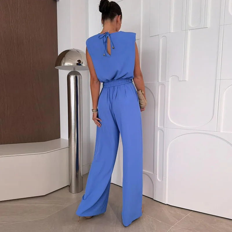 Fashion Solid Wide Leg Rompers Summer New Casual Commute Simple Playsuits Overalls Elegant Swinging Collar Sleeveless Jumpsuits