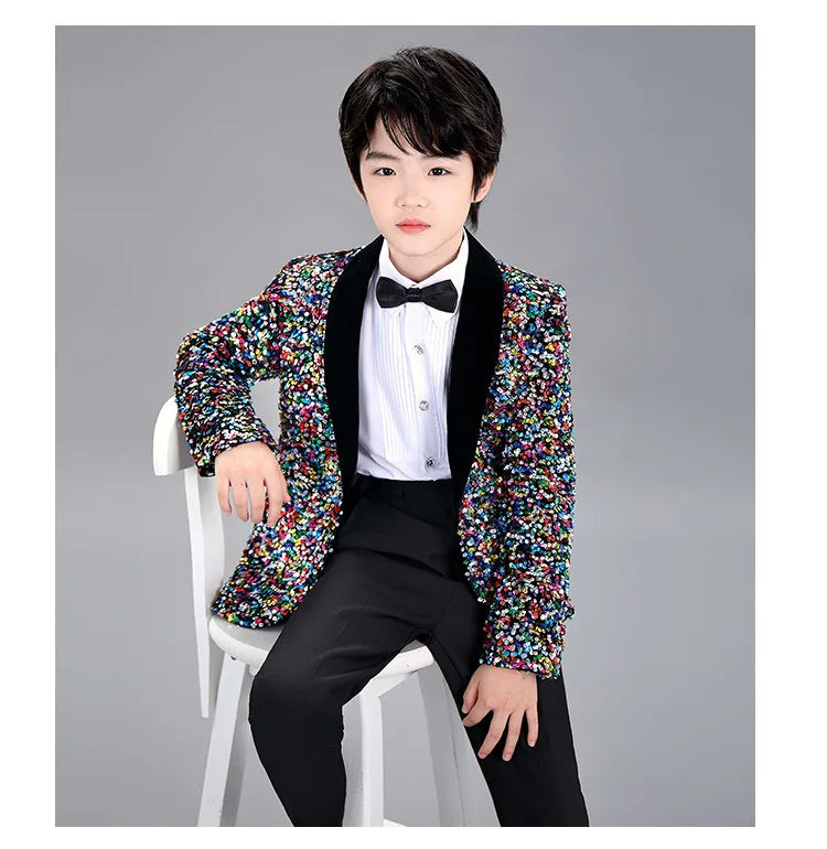 Men Prom Suit Child Solid Discoloration Sequins Gown Boy Catwalk Piano Performance Little Host Suit Perform Suits