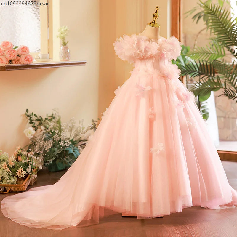 Wedding Flower Girl Dresses Pink Vestido Children Pageant Dresses Costume Princess Gown Host Piano Performance Outfit