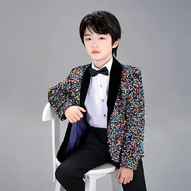 Men Prom Suit Child Solid Discoloration Sequins Gown Boy Catwalk Piano Performance Little Host Suit Perform Suits