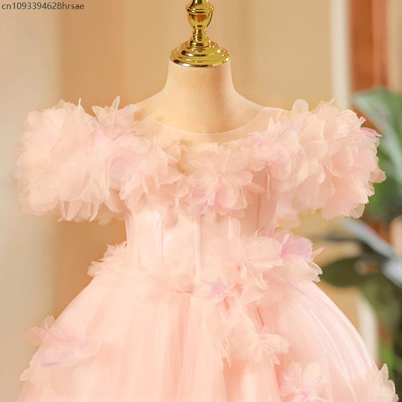 Wedding Flower Girl Dresses Pink Vestido Children Pageant Dresses Costume Princess Gown Host Piano Performance Outfit