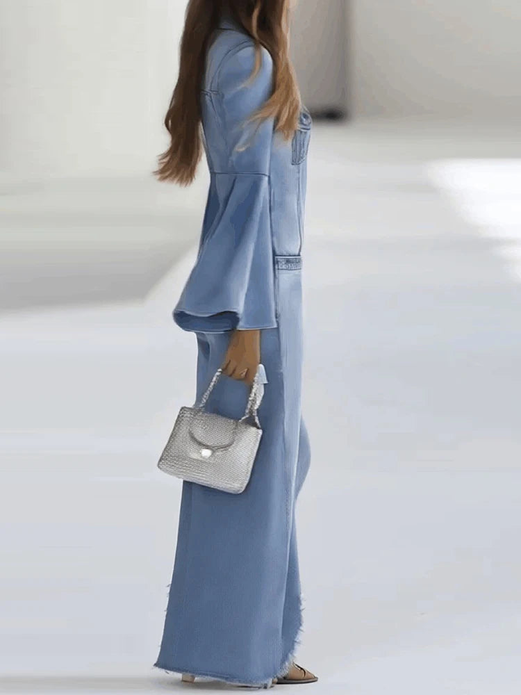 2025 Loose Solid Color Denim Style Jumpsuits Women Single-Breasted Casual Autumn Winter Flare Sleeve Turn-Down Collar Playsuits