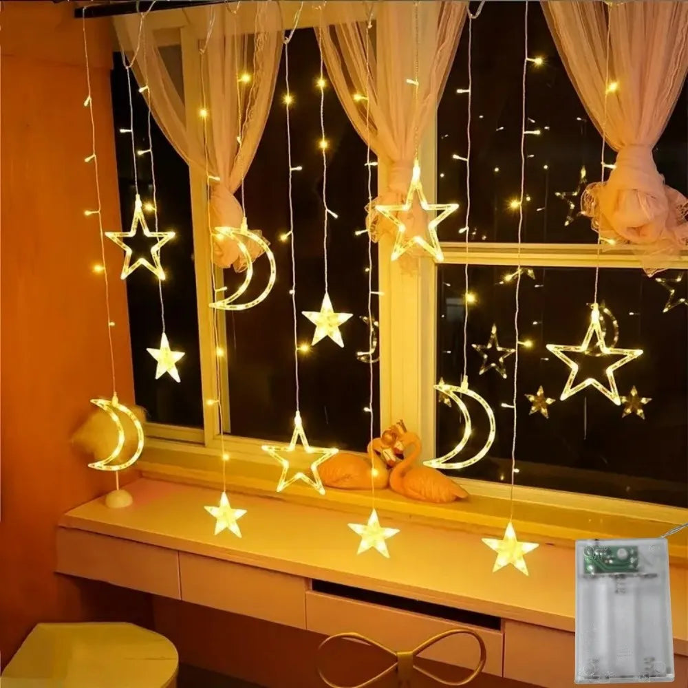 3.5M LED Romantic  Star & Moon String Lights - Battery Operated Festive Lighting Decor for Bedroom, Living Room, And Curtains,
