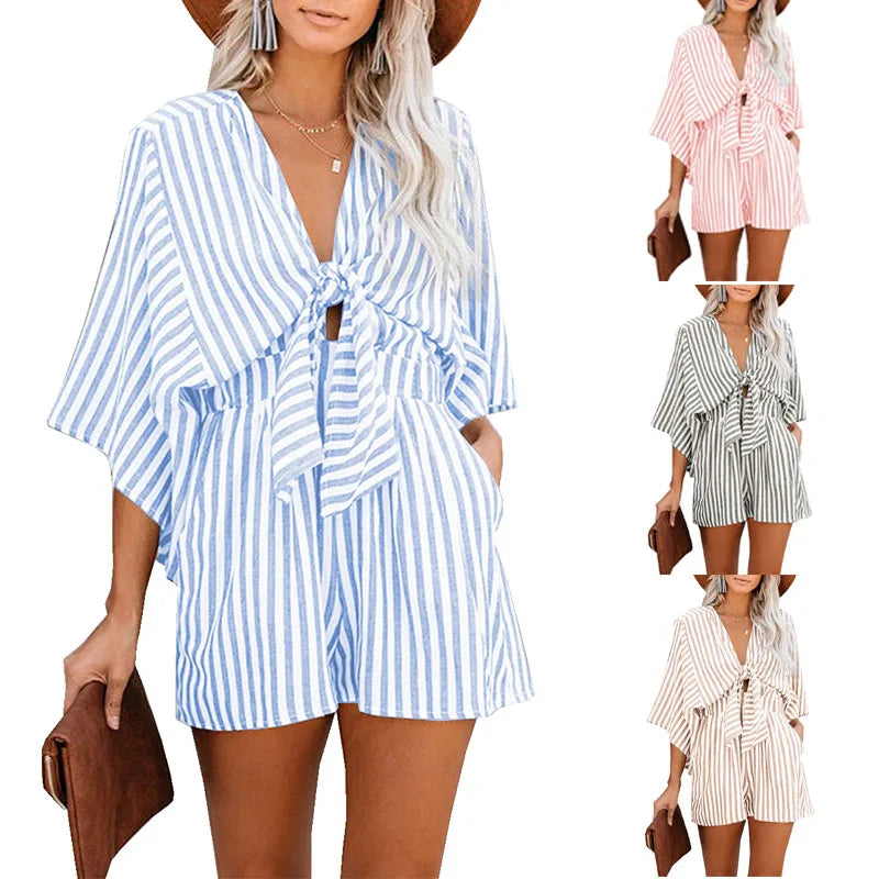 Summer waist slimming striped jumpsuit for women, European and American foreign trade deep V flared sleeve three quarter pants