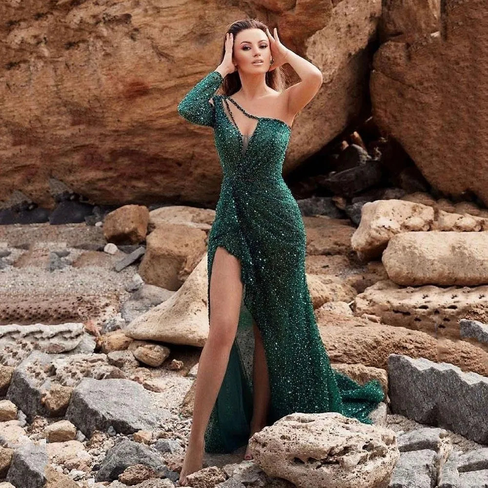 Women's Formal Evening Dresses Sexy Sequin One Shoulder Long Dress for Party Gatherings Banquets Proms Weddings Formal Events