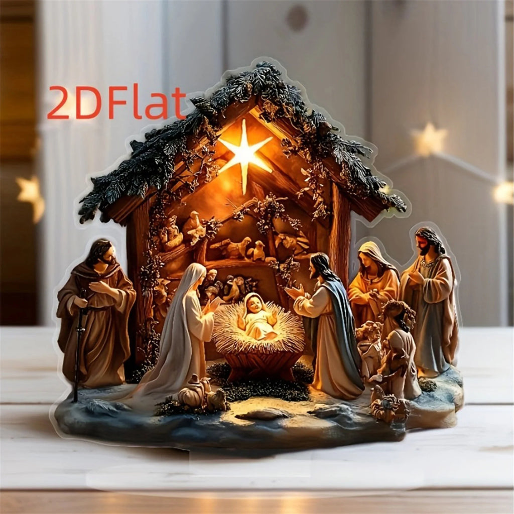 Christmas Nativity Scene Decor 2D Flat Creative Christian Religious Christmas Decor for Desktop